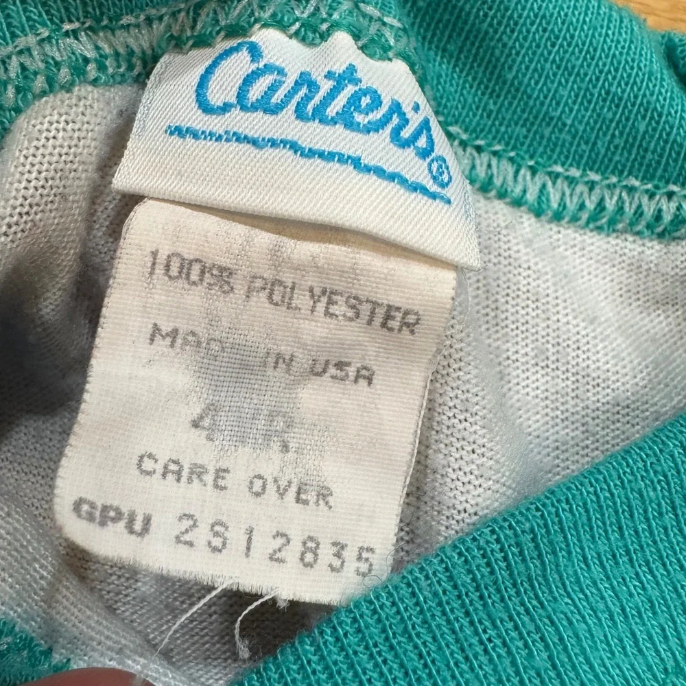 Vintage Carters Surfing Dinosaur T Shirt Kids 4R Blue Raglan Made in USA 90s